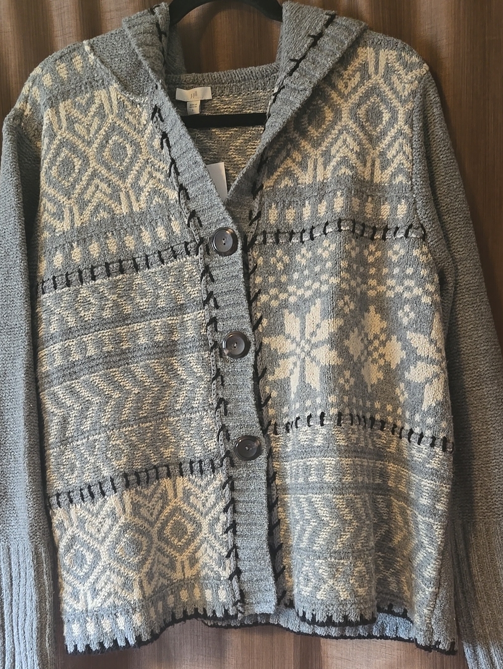 J. Jill Gray and Cream Hooded Fair Isle Button Cardigan
